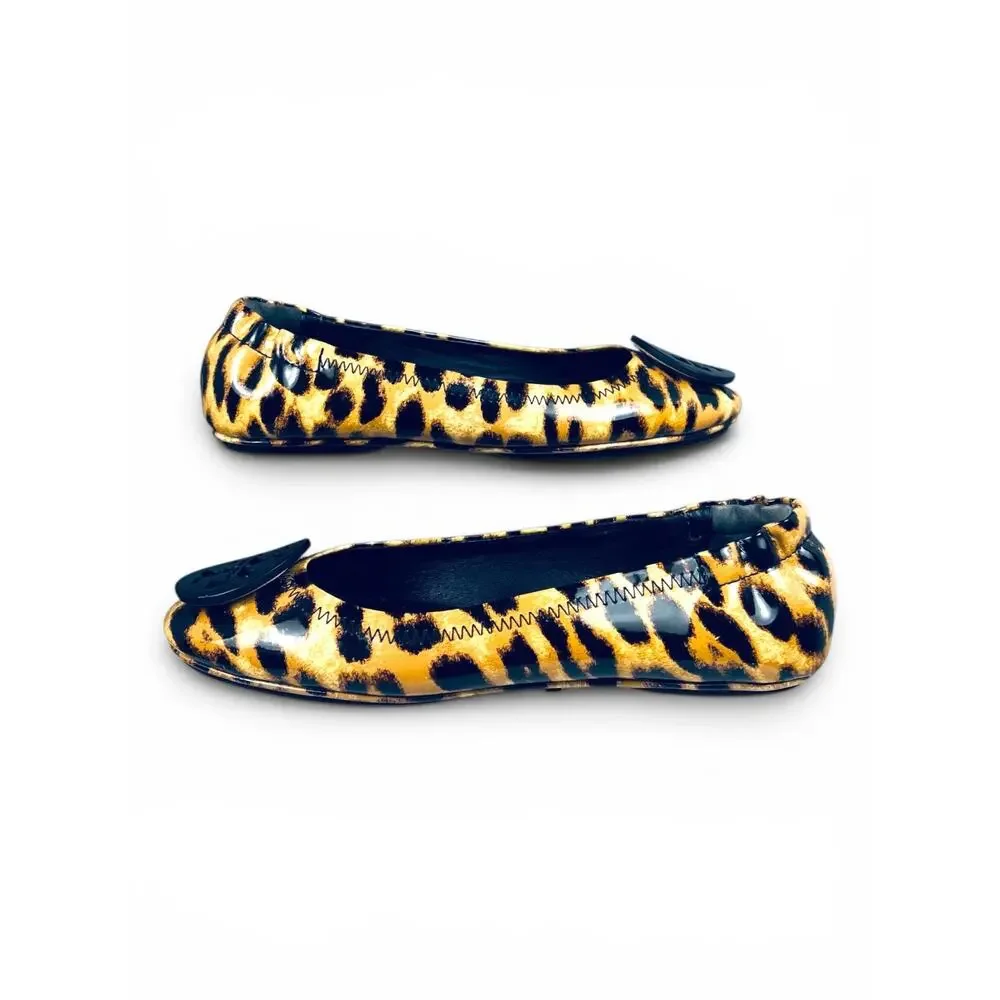Tory Burch Minnie Travel Leopard Patent Leather Ballet Flats Logo Size 5